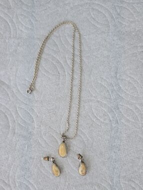 Elk Tooth Sterling Silver Teardrop Necklace and Earrings Set